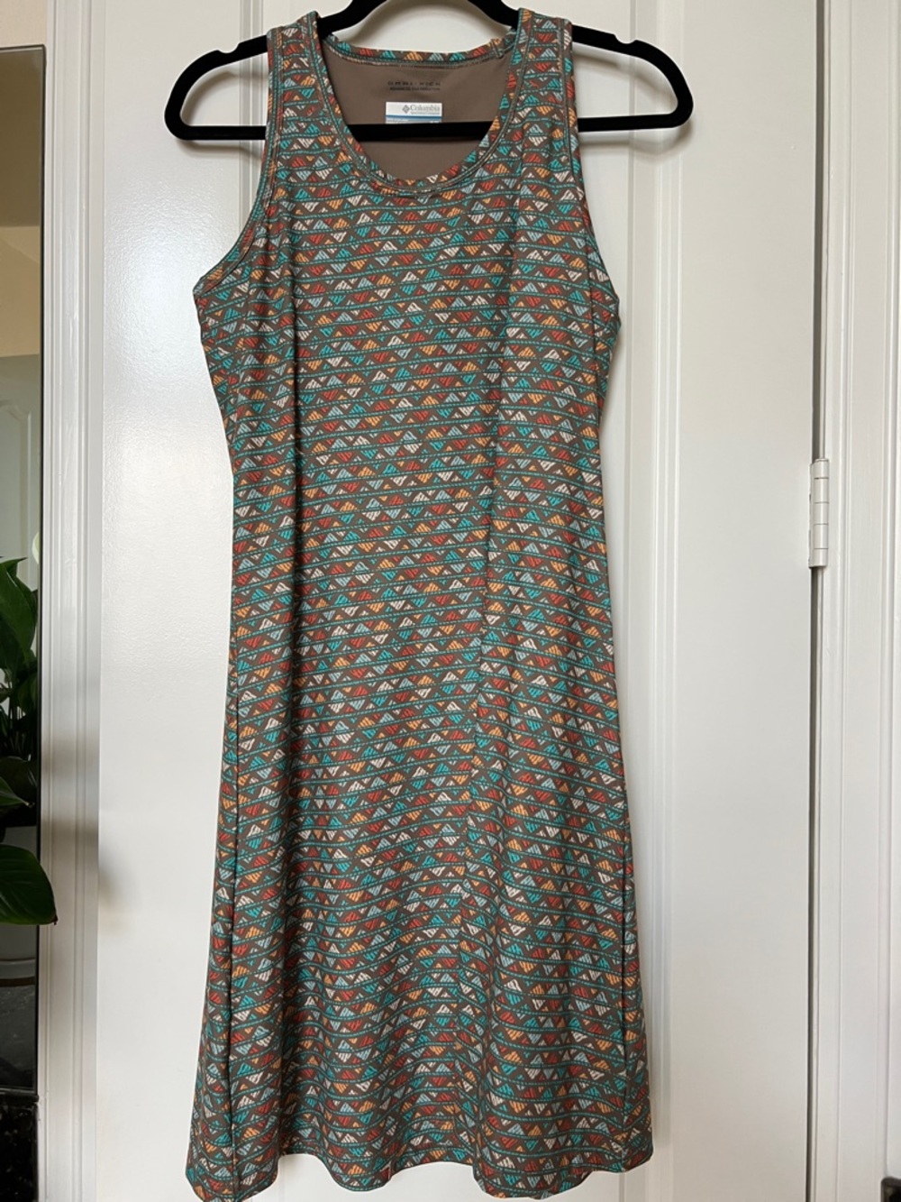 Columbia Teal, Coral & Brown Geometric Midi Dress